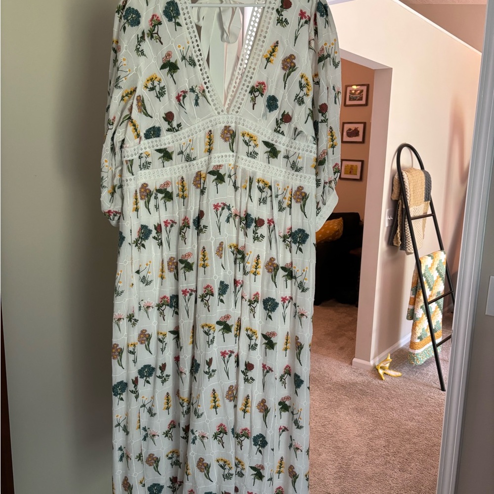 Anthropologie Embroidered Floral White Midi Dress